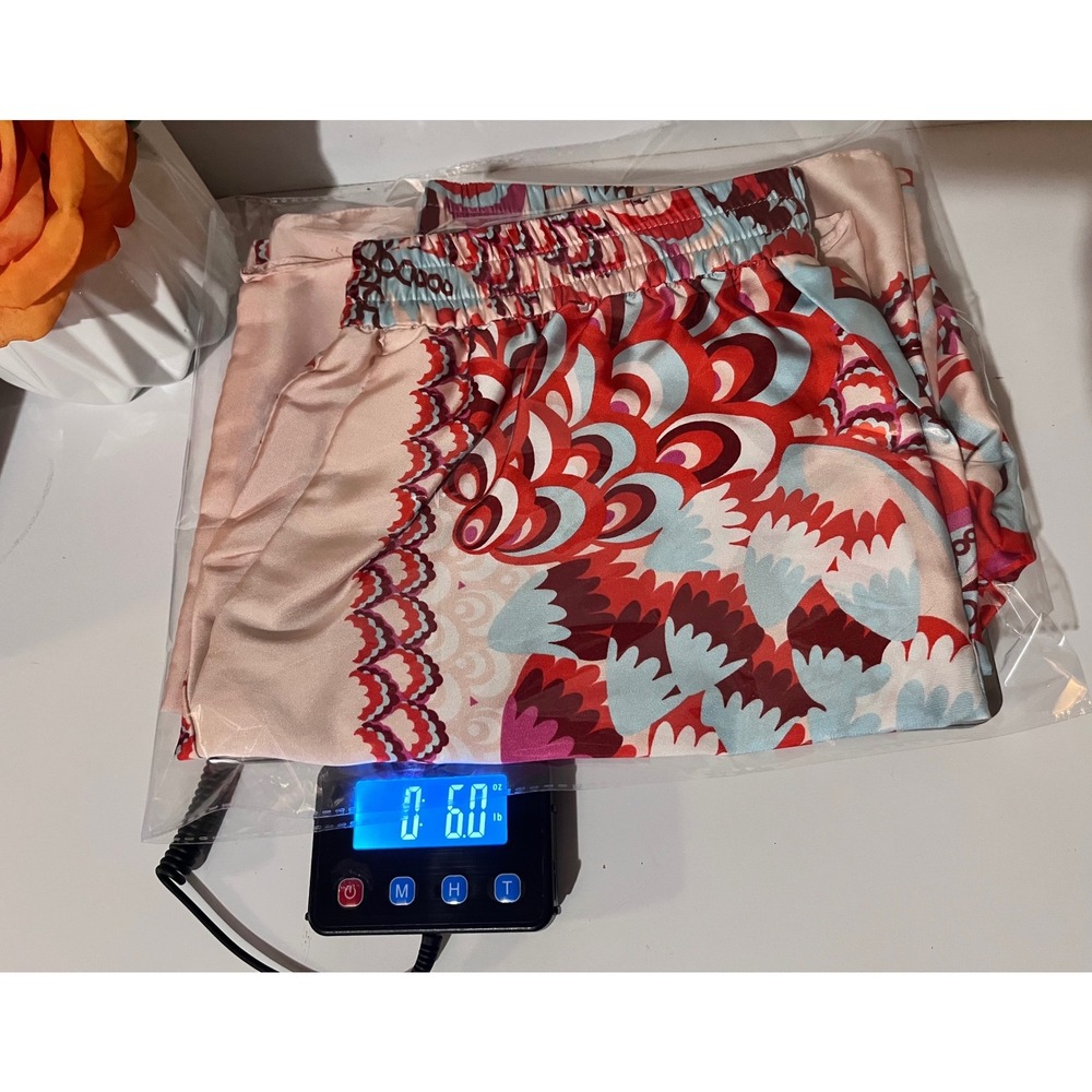 Zara Boho Wide Leg Scarf Print Pants Beige Pink Red Womens sz L Resortwear Flowy - Picture 8 of 8